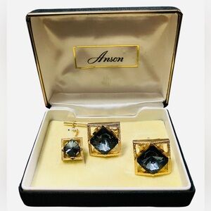 Vintage Anson Rivoli Crystal Gold Tone Cufflinks and Tie Tack Set
